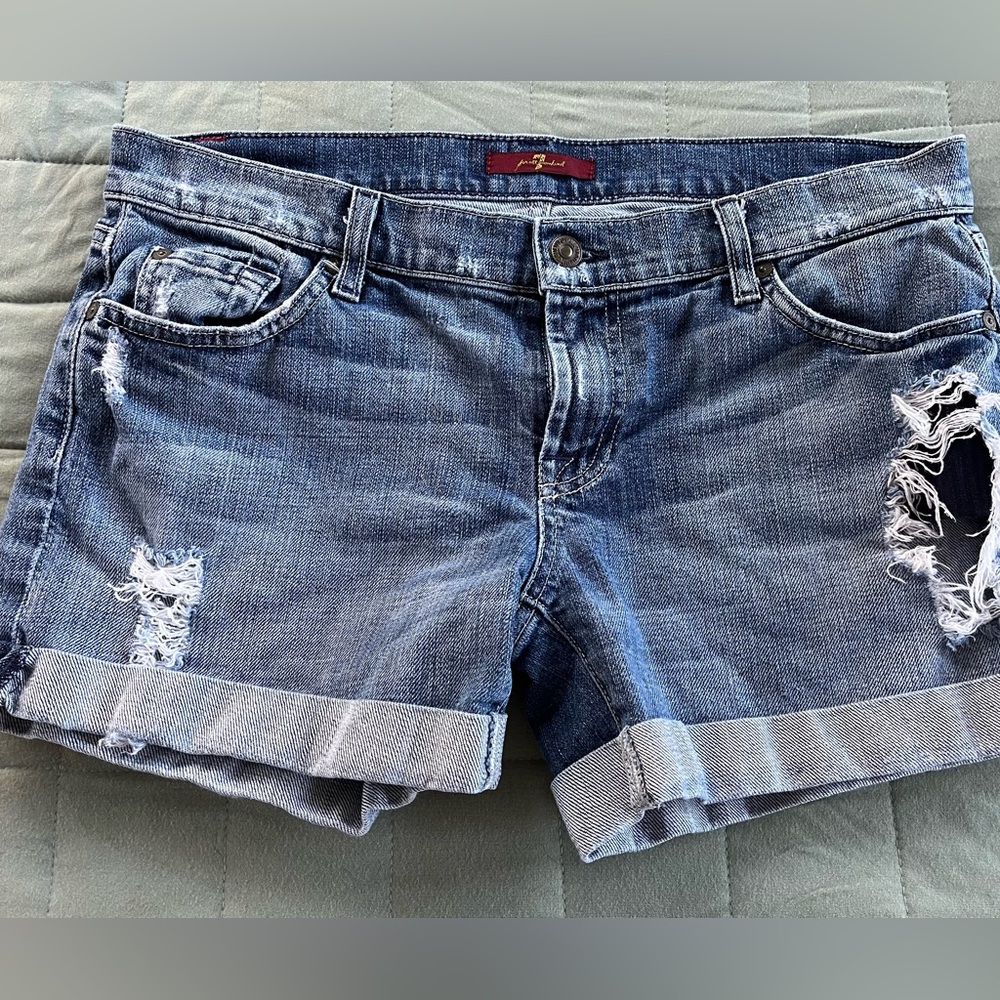 7 For All Mankind Women's Blue Denim Cuffed Distressed Shorts Size 28